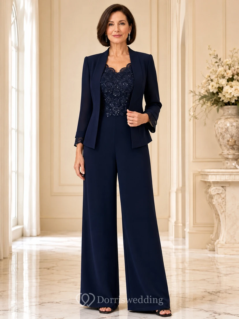 Dark Navy Mother Pantsuit with Structured Blazer, Lace Camisole and Wide Leg Pants