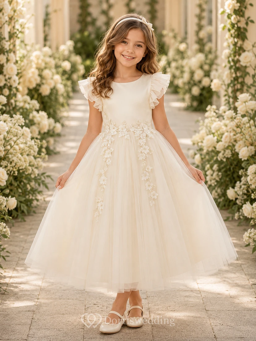 Blumenmädchenkleid aus elfenbeinfarbener Spitze und Tüll, A-Linie, Rundhalsausschnitt, Teelänge