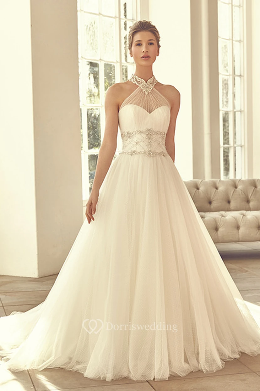 Long High Neck Beaded Tulle Wedding Dress With Court Train And Straps