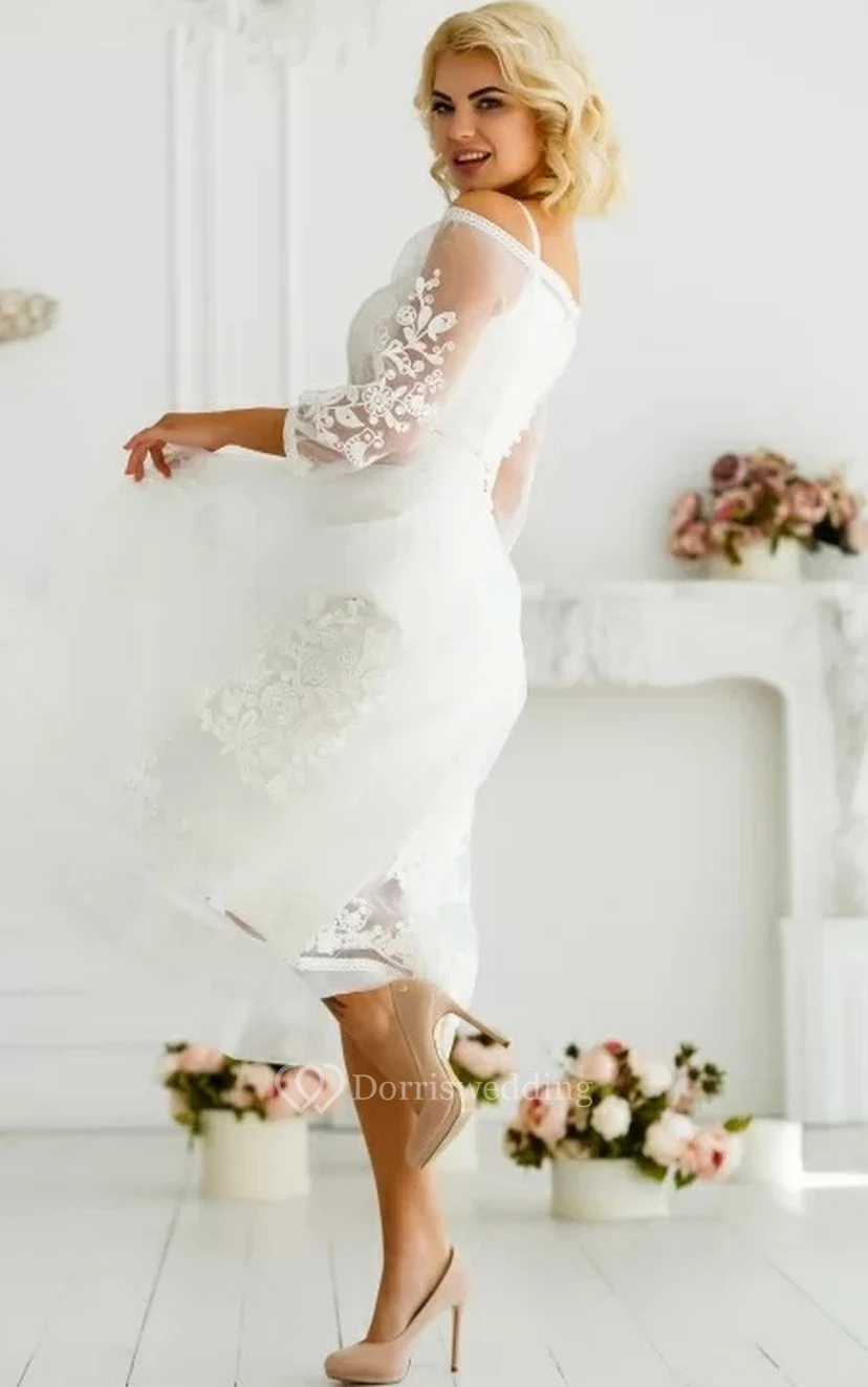 Ätherisches A-Linien-Brautkleid aus Tüll mit Teelänge, 3/4-Ärmeln, Knöpfen und Applikationen view 3