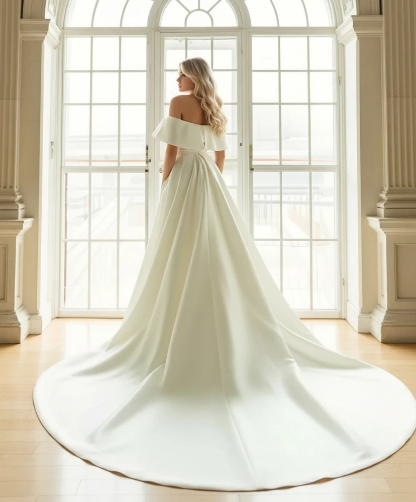Robe de mariée simple en satin, coupe trapèze, épaules dénudées view 2
