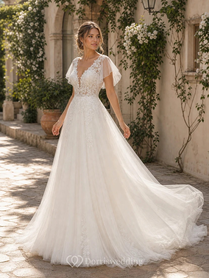 Robe de mariée bohème trapèze avec manches papillon et corsage en dentelle view 7