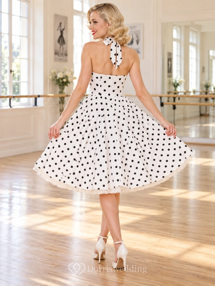Vintage Tea-length White Black Polka Dot Halter Sweetheart Swing Dance Dress view 2