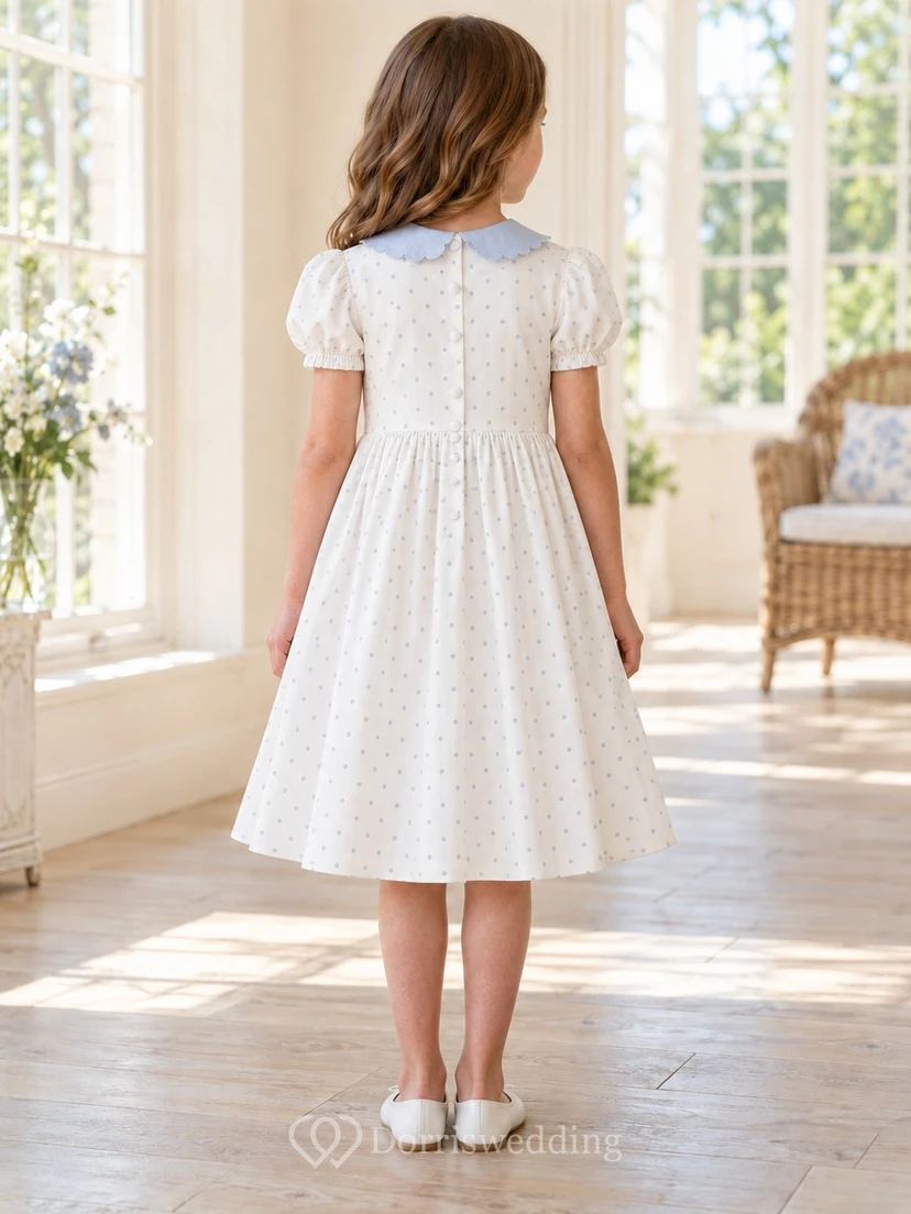 Modest Simple Ivory Dotted Tea-length Flat Blue Collar Small Puff Flower Girl Dress