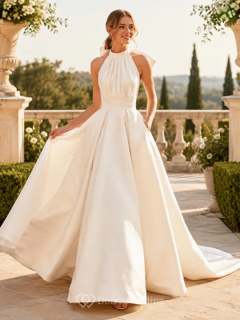 Robe de mariée élégante en satin, dos nu, coupe trapèze, nœud dans le dos et traîne chapelle