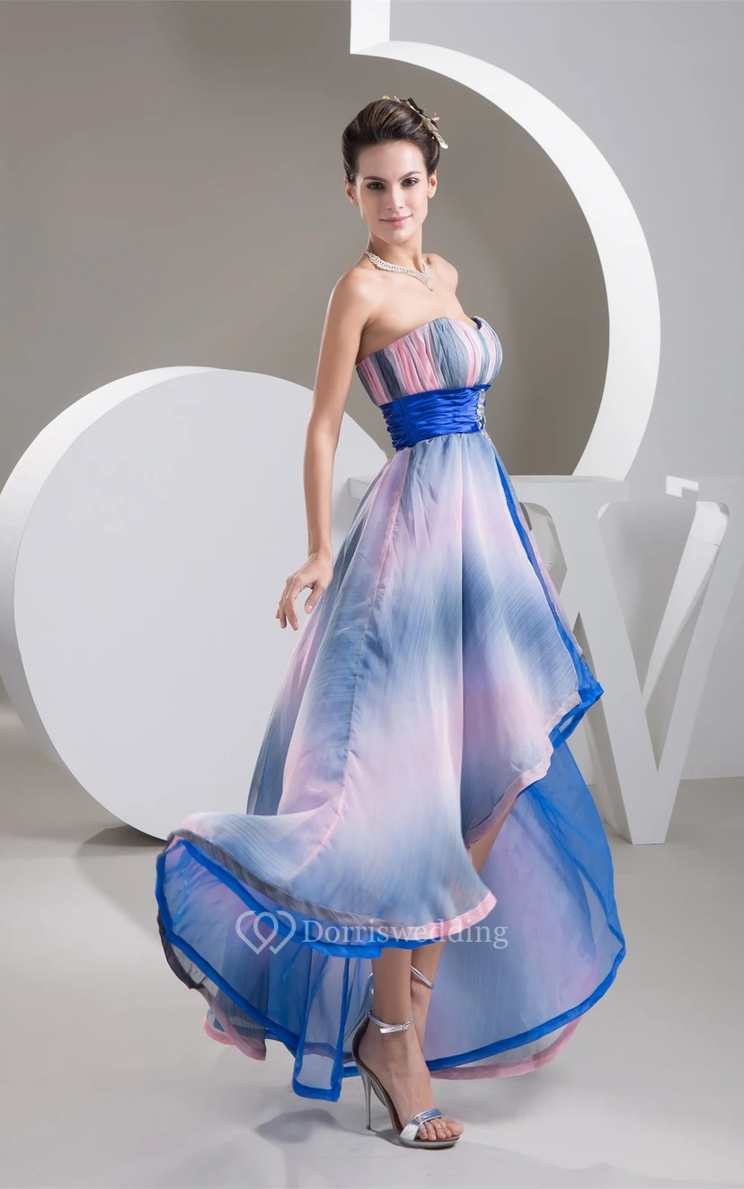 Mute-Color Ruched High-Low Rhinestone and Dress With Pleats view 3