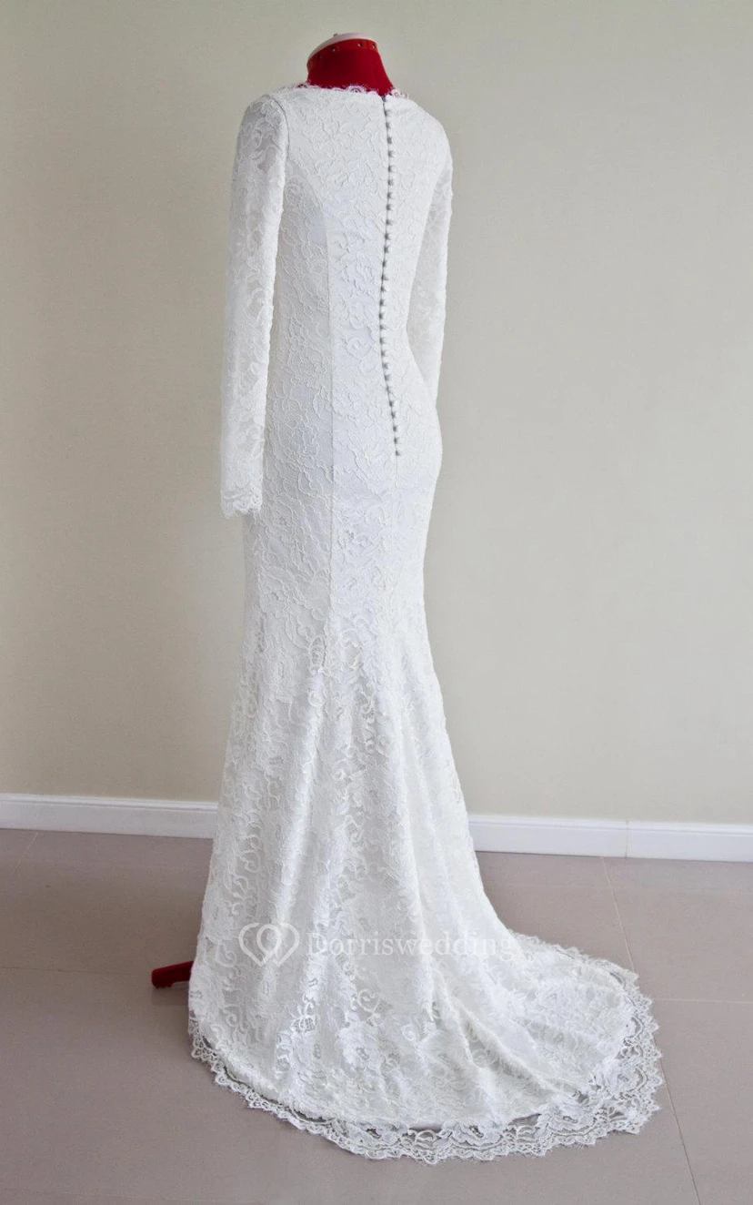 Meerjungfrauen-Brautkleid aus Spitze mit U-Boot-Ausschnitt, langen Ärmeln und Knopfleiste am Rücken view 2