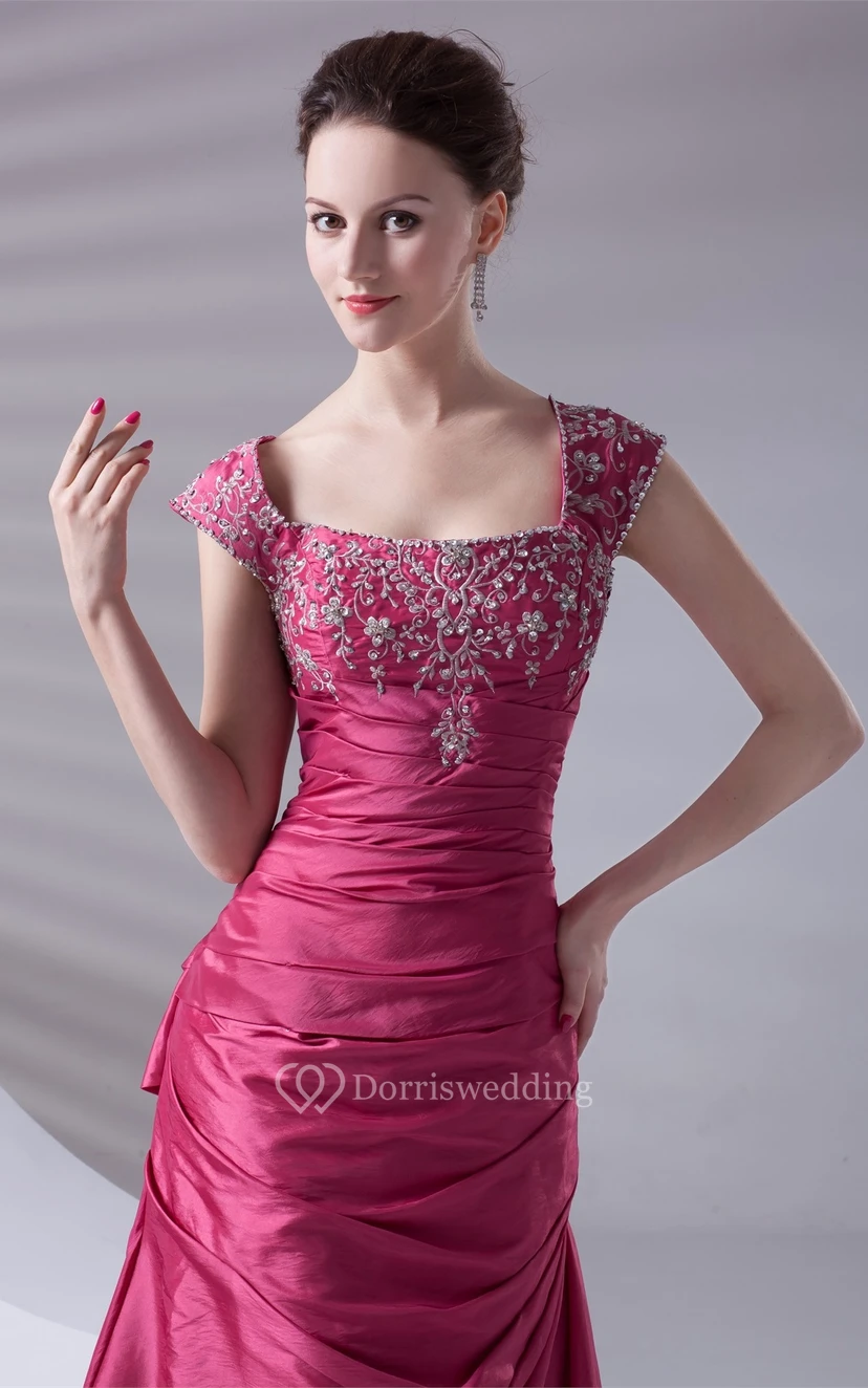 Caped-Sleeve Pick-Up A-Line Taffeta Gown With Embroideries view 2