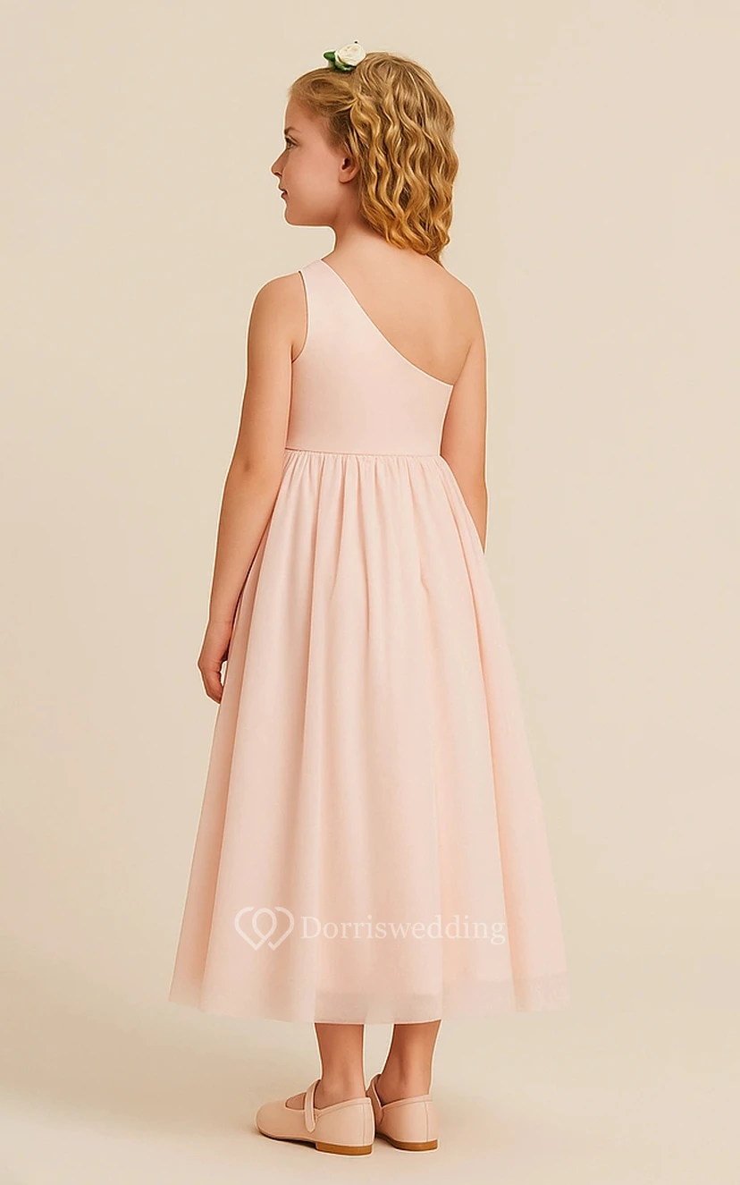 Blush One-shoulder Chiffon Ankle-length Flowergirl Dress view 2
