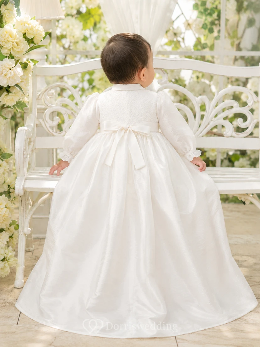 Dupioni Silk Baby Baptism A-Line Long Sleeve Floor-Length Gown Simple Elegant Adorable Satin view 2