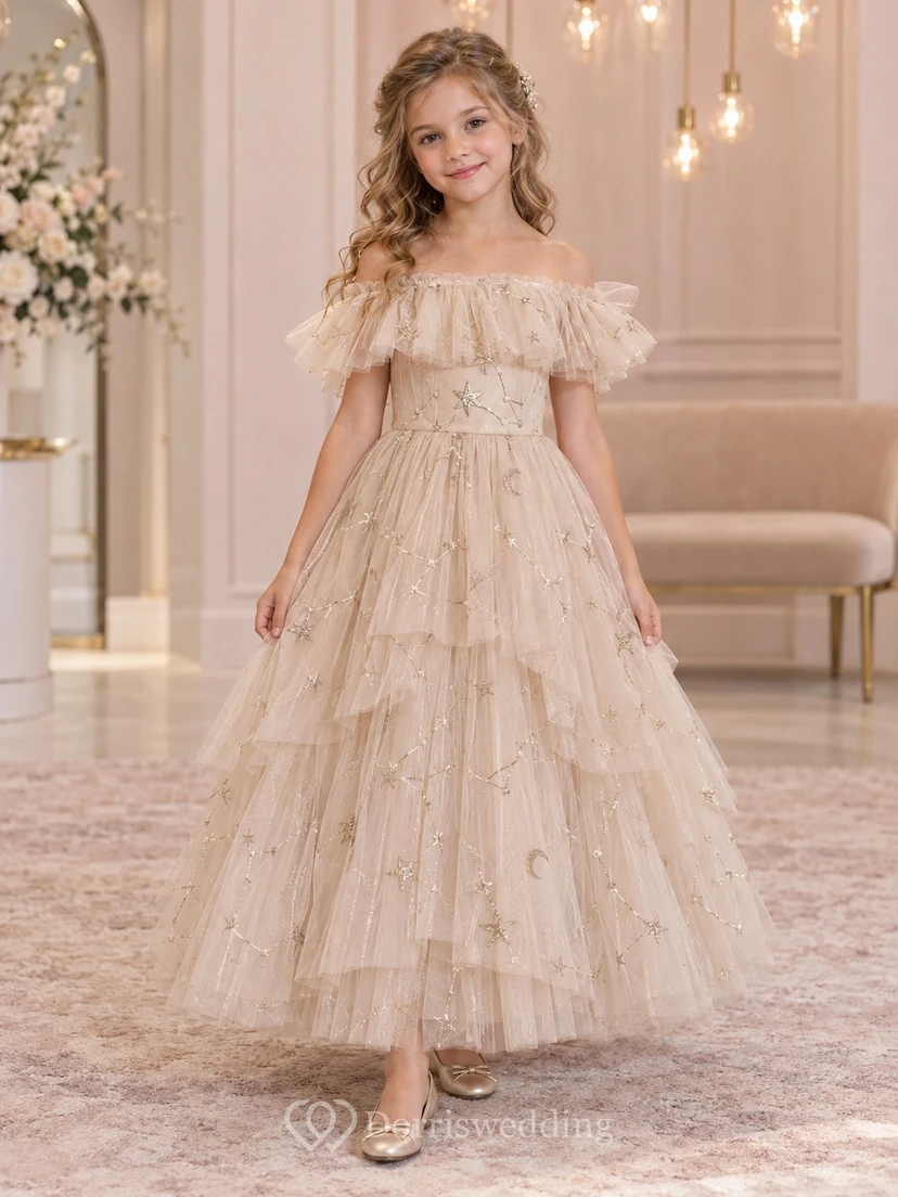 Champagne Celestial Off-the-shoulder Tiered Ruffle Tulle Flower Girl Dress