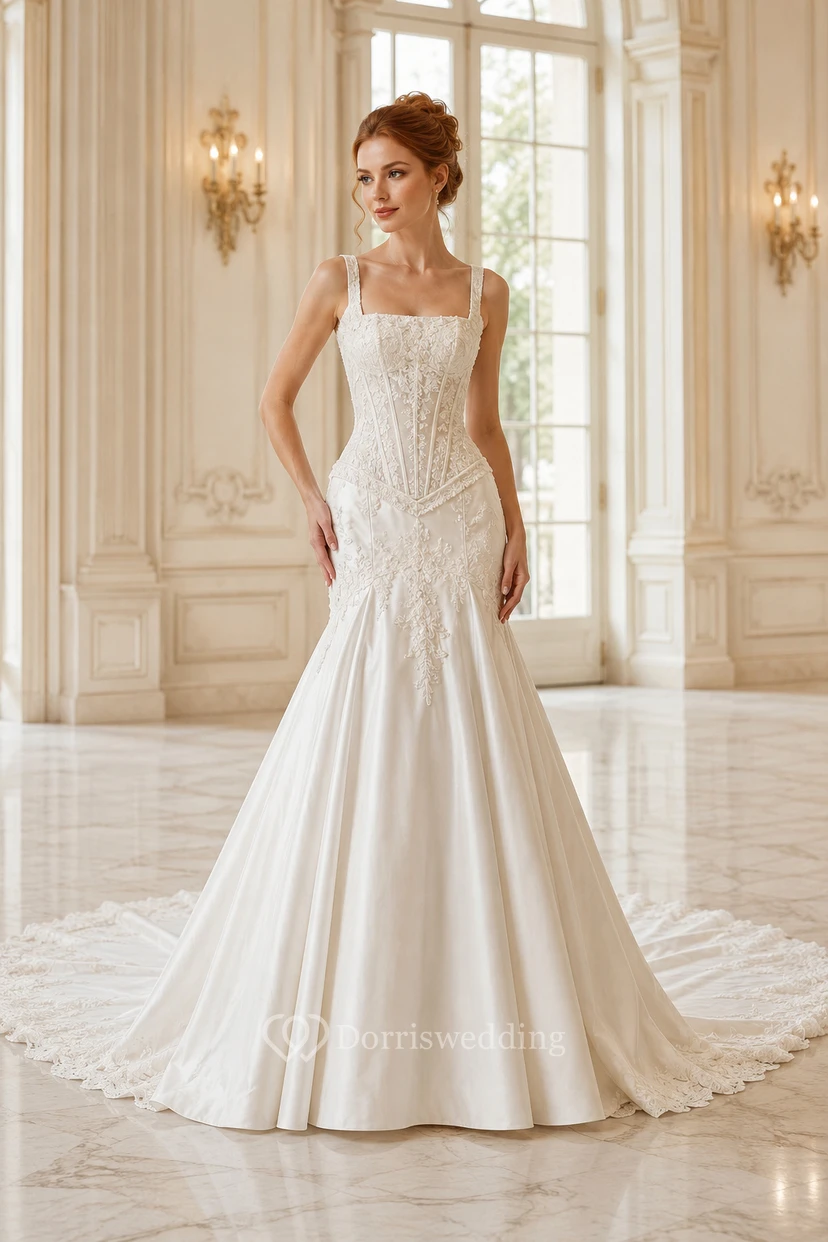 Brautkleid aus Spitze und Tüll im Meerjungfrauenstil, trägerlos, mit Herzausschnitt und Schleppe