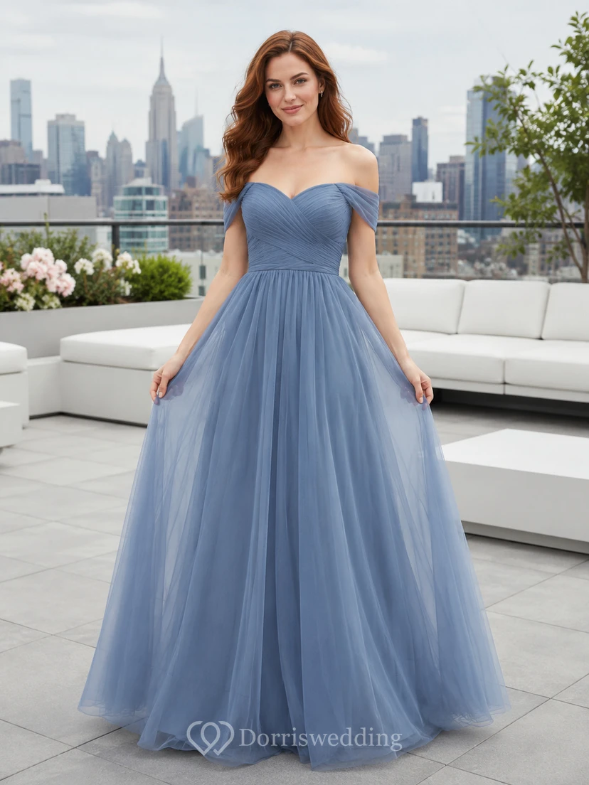 Rooftop Evening Formal Steel Blue Romantic Elegant Princess Ball Gown Tulle Bridesmaid Dress with Sweetheart Strapless Sleeveless Floor-Length Zipper Back