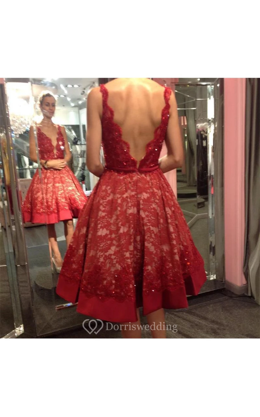 Sexy Deep V Neck Low Back Lace Knee Length Dress view 2