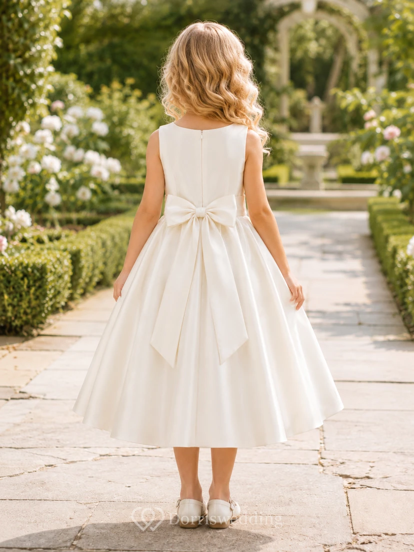 Flower Girl Dress Ivory Satin A-Line Jewel Neck Tea Length Bow Detail view 2