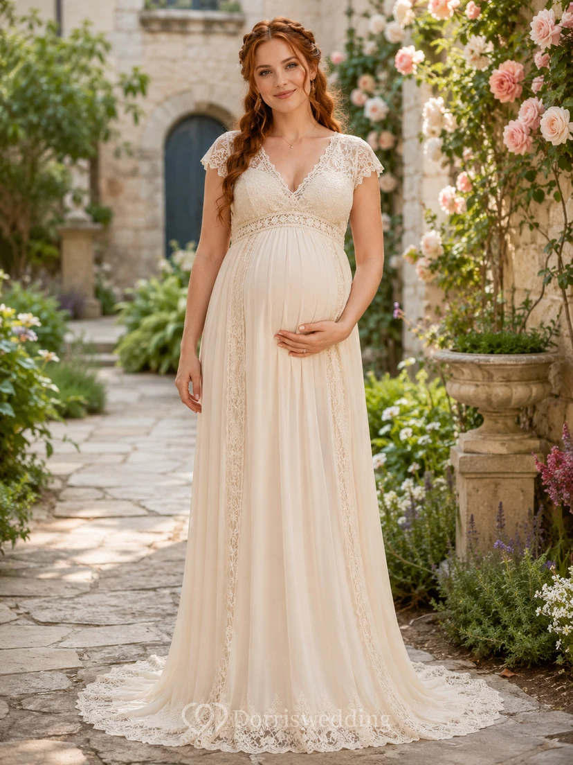 Maternity Wedding Dress V Neck Cap Sleeve Lace Chiffon Garden Gown with Soft Train