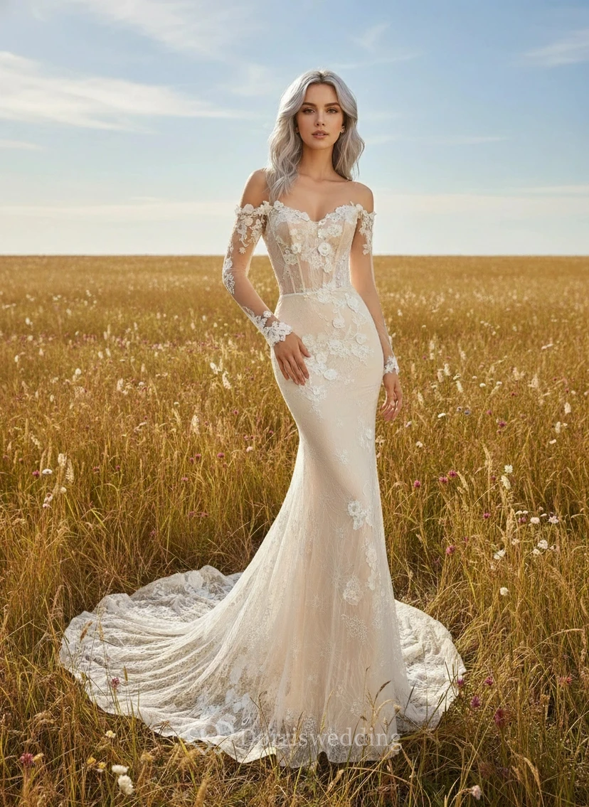 Robe de mariée sirène en dentelle vaporeuse à épaules dénudées et broderies florales