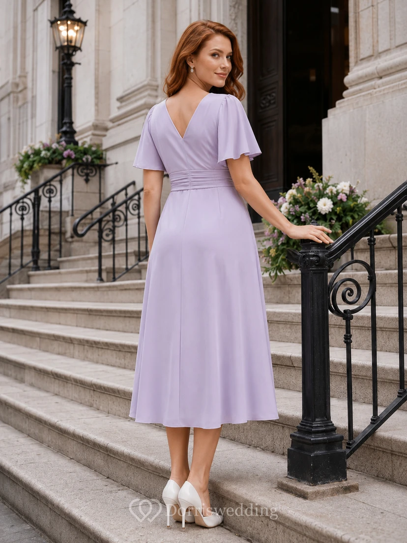 Vestido de novia midi ajustado con escote en V y mangas con volantes color lavanda view 2