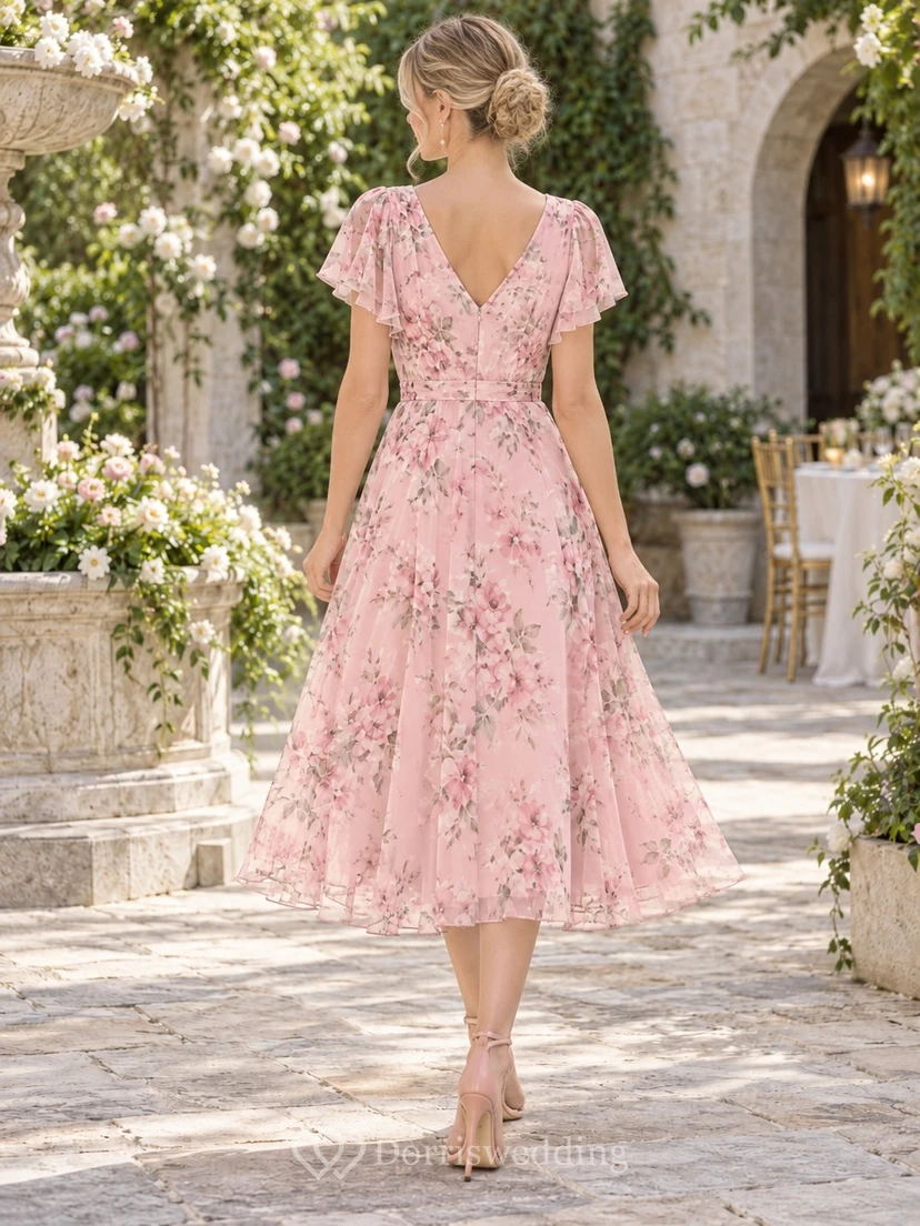 Vestido de fiesta de gasa rosa rubor con estampado floral, cuello en V, manga corta y largo hasta la rodilla. view 2