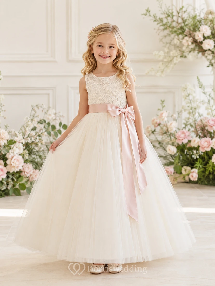Elegant Romantic Lace Bodice Tulle A-Line Flower Girl Floor-Length Detachable Sash Dress