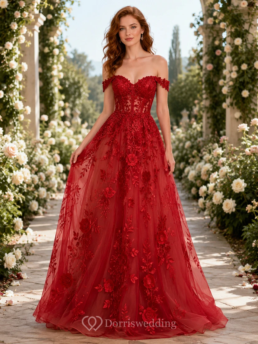 Rotes, schulterfreies Brautkleid aus besticktem Tüll mit Blumenmuster