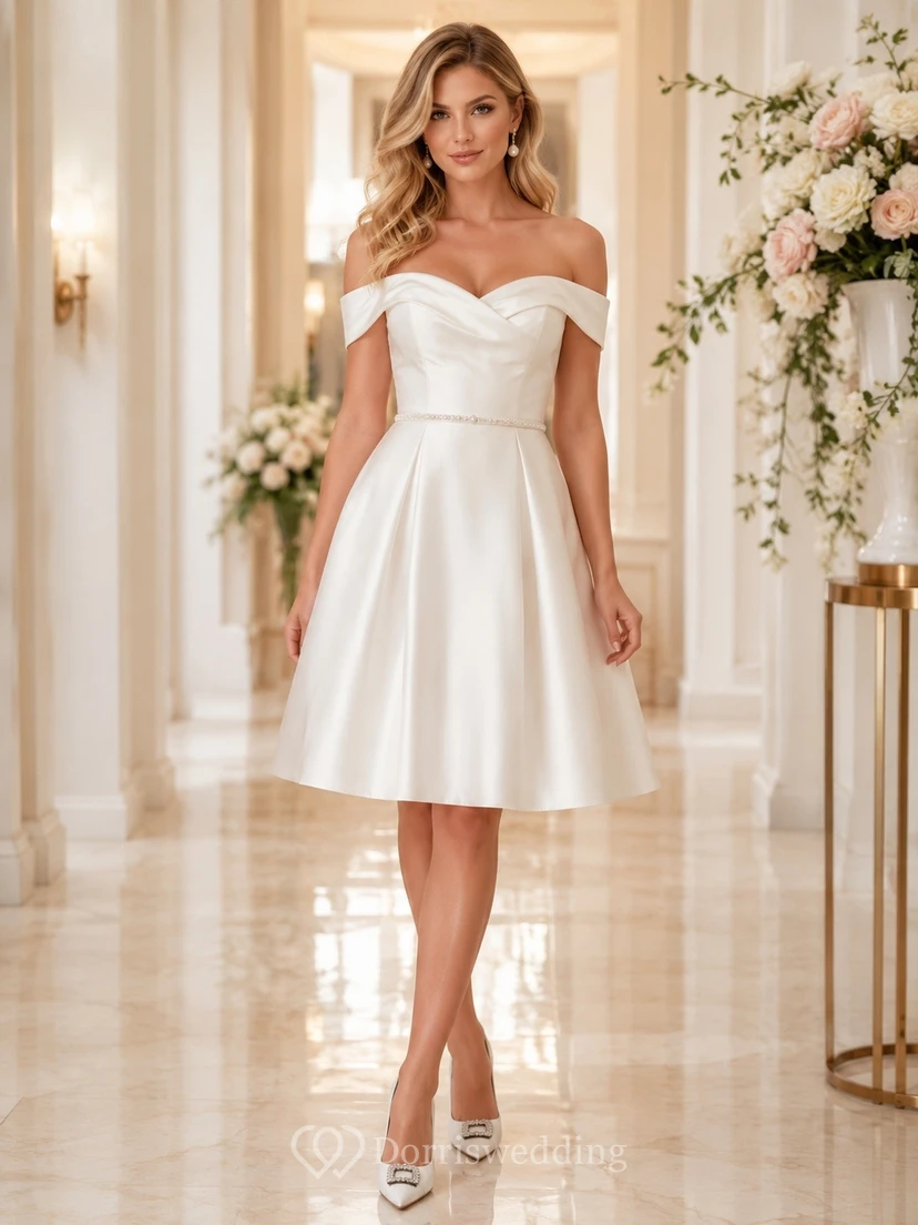 Kurzes, schlichtes schulterfreies Braut-Cocktailkleid aus Satin in A-Linie