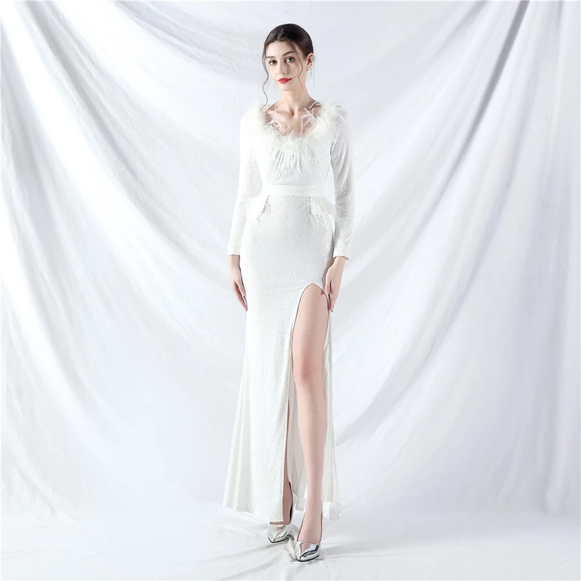 Craft-Made Ostrich Feather Long-Sleeved Beads Evening Dress video preview