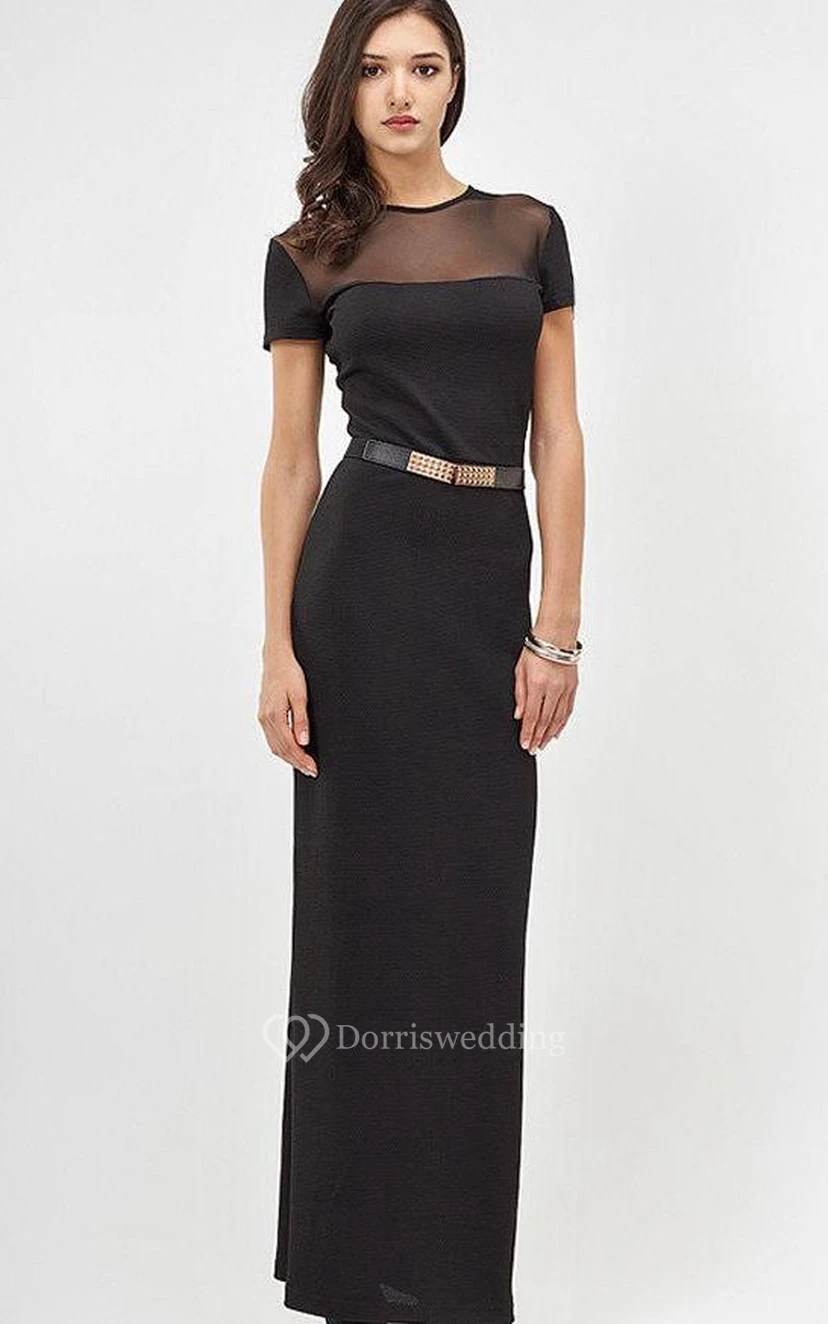 Jewel Neck Short Sleeve Sheath Jersey Ankle Length Dress With Beading Belt view 2