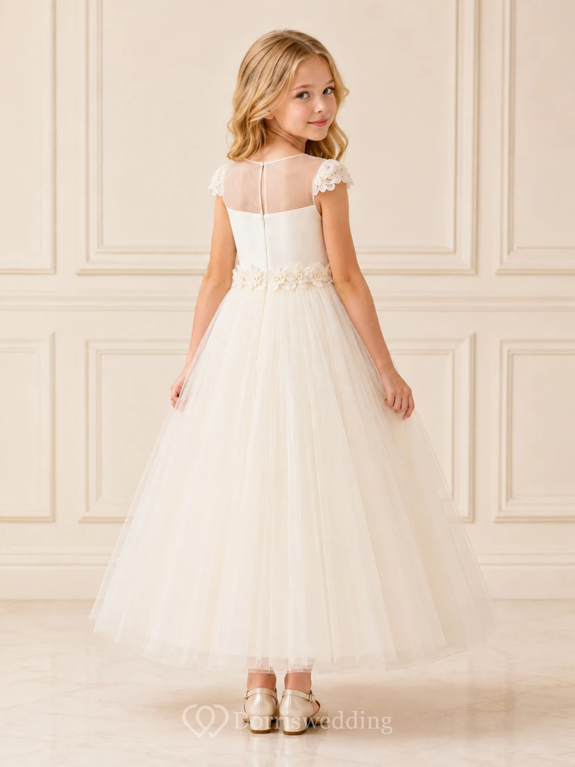 Lace Floral Applique Sleeveless Tulle Tea-Length A-Line Formal Flower Girl Dress view 2