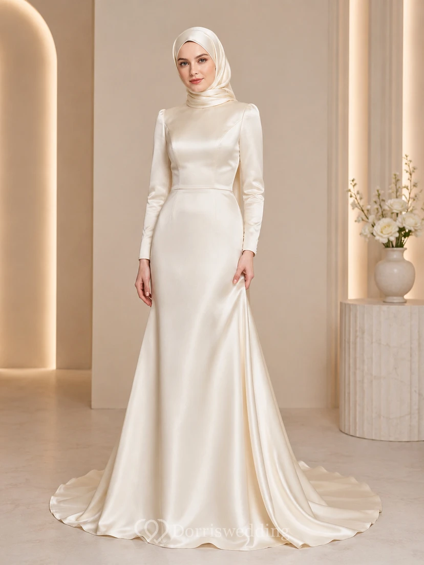 Simple Muslim Long Sleeve Satin Sheath Sweep Train Wedding Dress