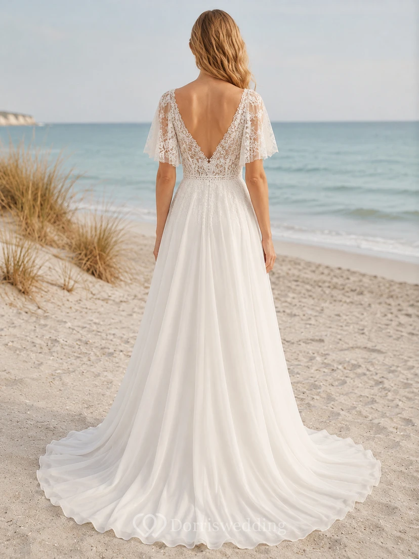 Strandhochzeitskleid aus Spitze und Tüll, A-Linie, V-Ausschnitt, kurze Ärmel, Schleppe view 2