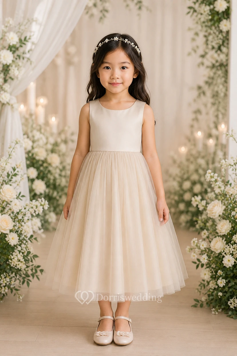 Purple Scoop-neck Sleeveless Satin A-line Tulle Flowergirl Dress view 6