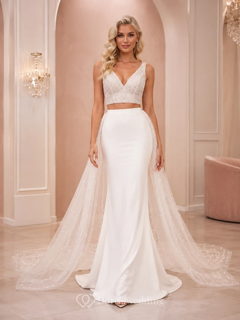 Robe de mariée raffinée en satin, deux pièces convertibles, bustier cœur, moderne et convertible