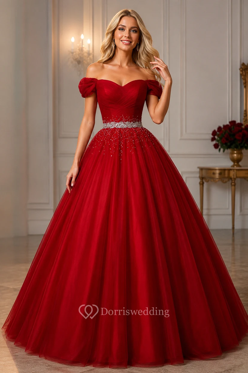 Ball Gown Maxi Off-The-Shoulder Sleeveless Bell Pleats Beading Corset Back Tulle Lace Dress