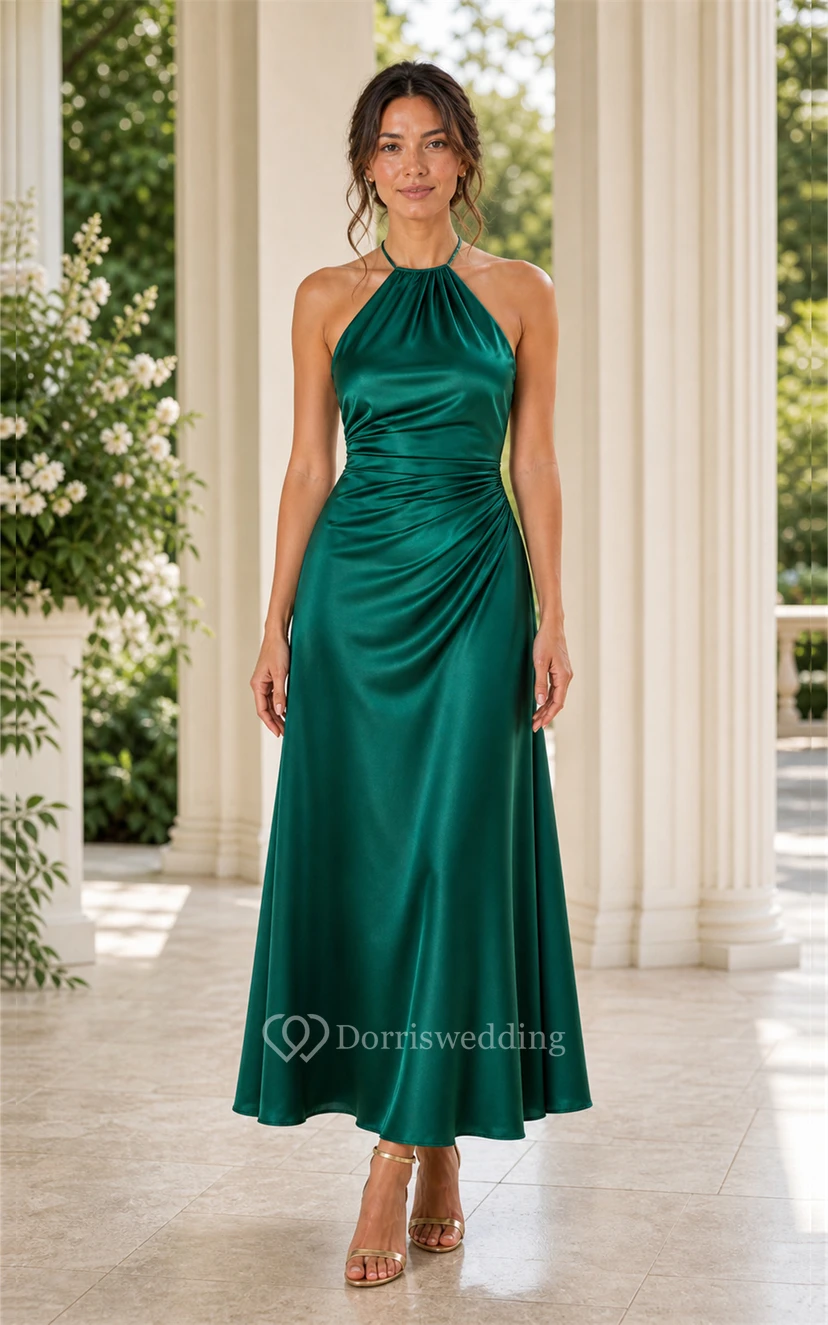 Dark Green Halter Satin Floor-length Sheath Dress