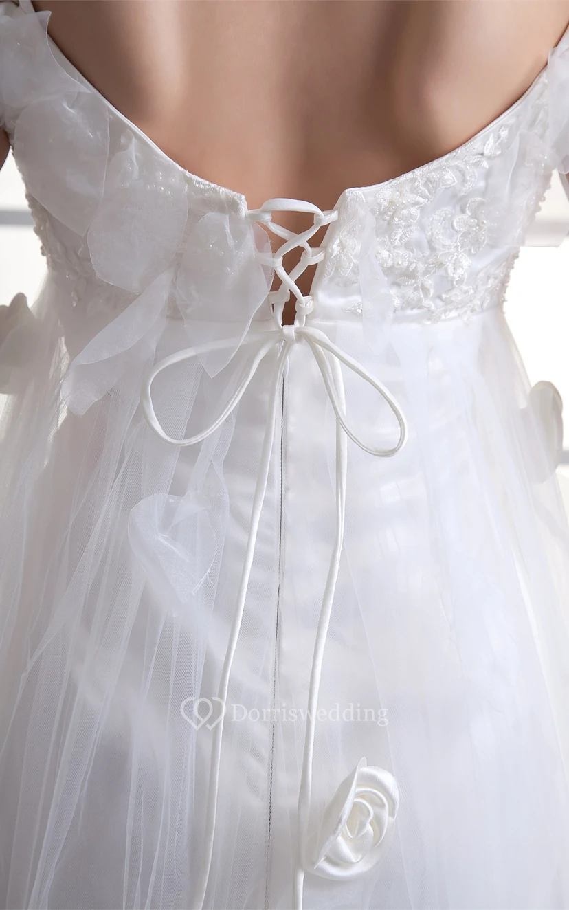 Glossy Sleeveless a Line Satin Off the Shoulder Wedding Dresses view 7