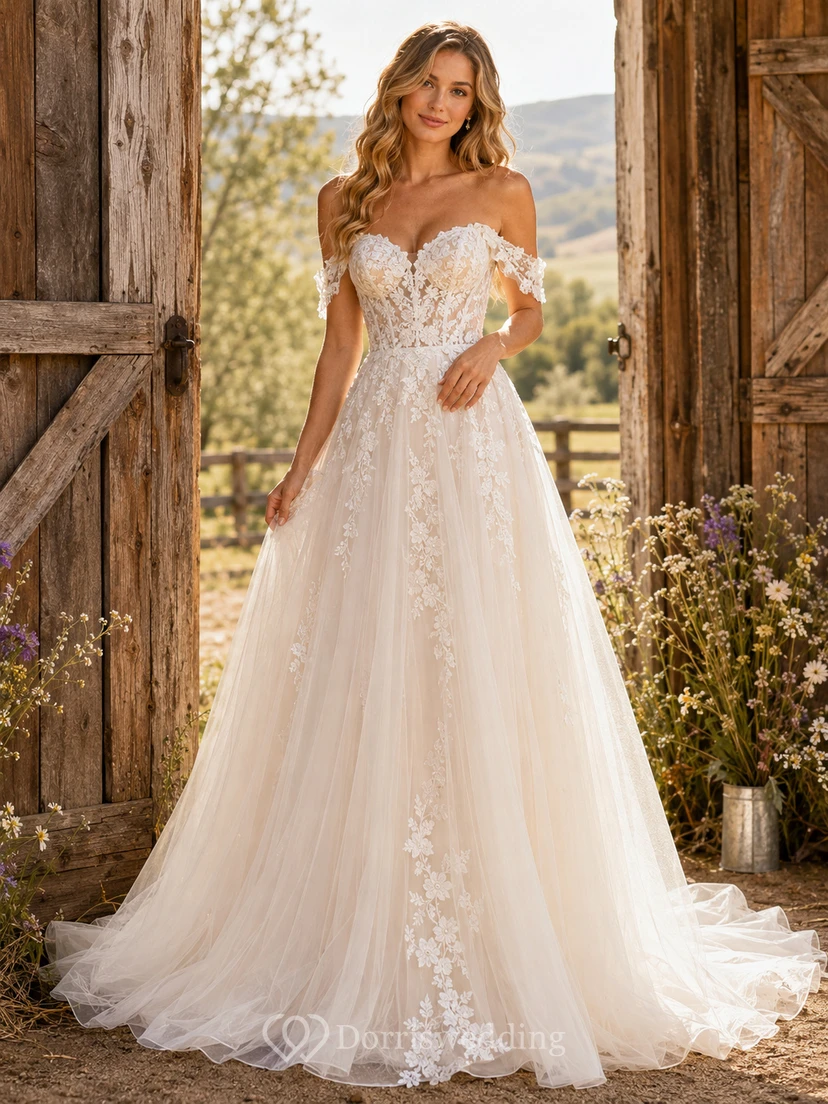 Country Lace Tulle Wedding Dress A-Line Off Shoulder Chapel Train Bridal Gown