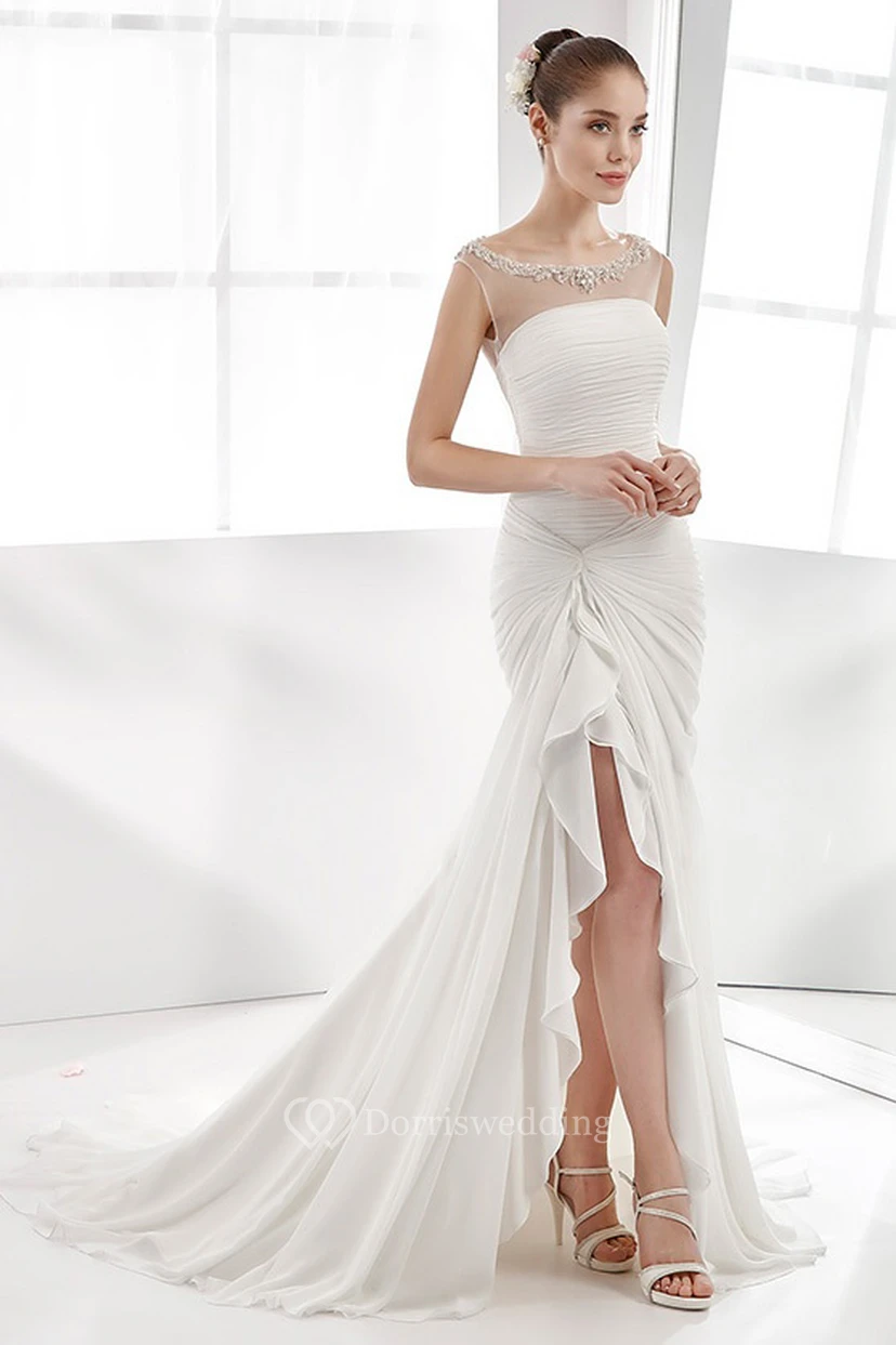 Cap-Sleeve High-Low Pleating Chiffon Wedding Dress With Beaded Neckline And Side Bandage