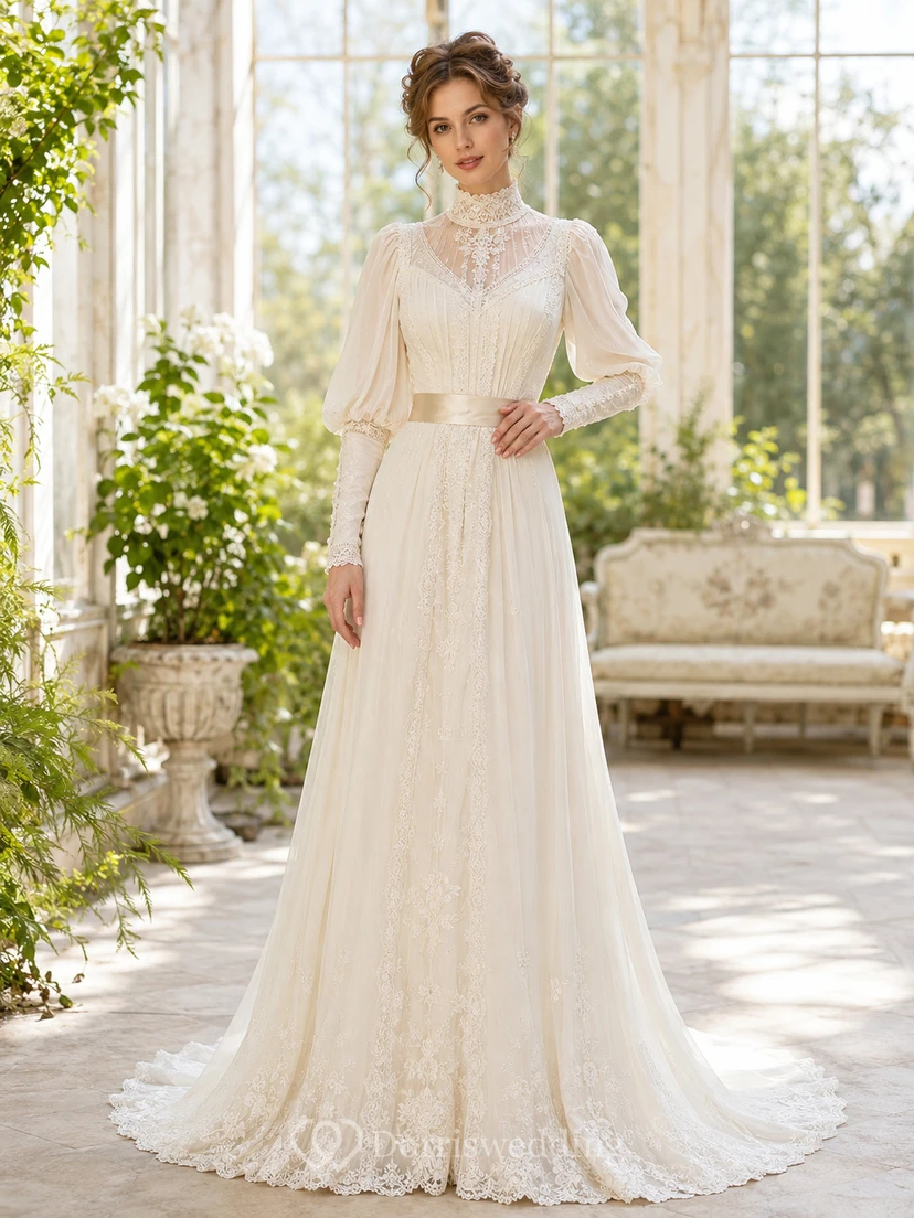 Robe de mariée édouardienne en dentelle, col montant, manches longues et traîne chapelle
