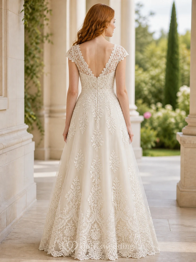 Vestido de novia romántico vintage de talla grande con mangas cortas de encaje y corte en A view 2