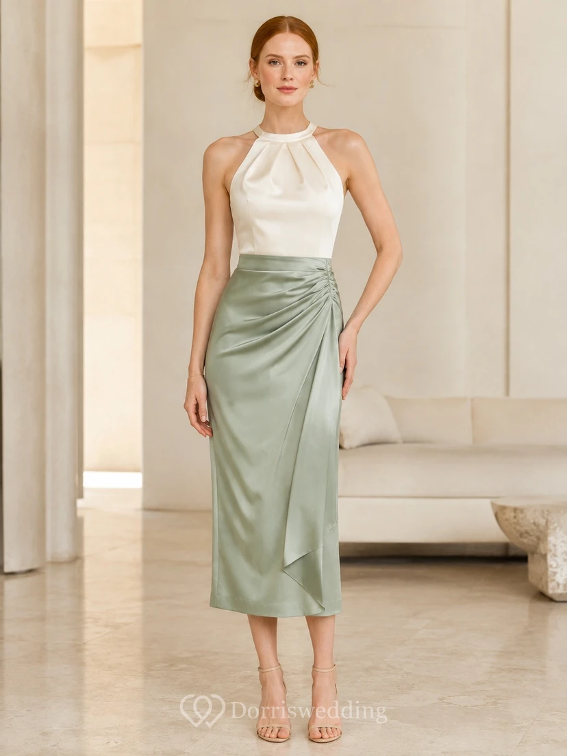 Robe de cocktail crayon deux pièces en satin couleur crème sauge, dos nu, longueur thé
