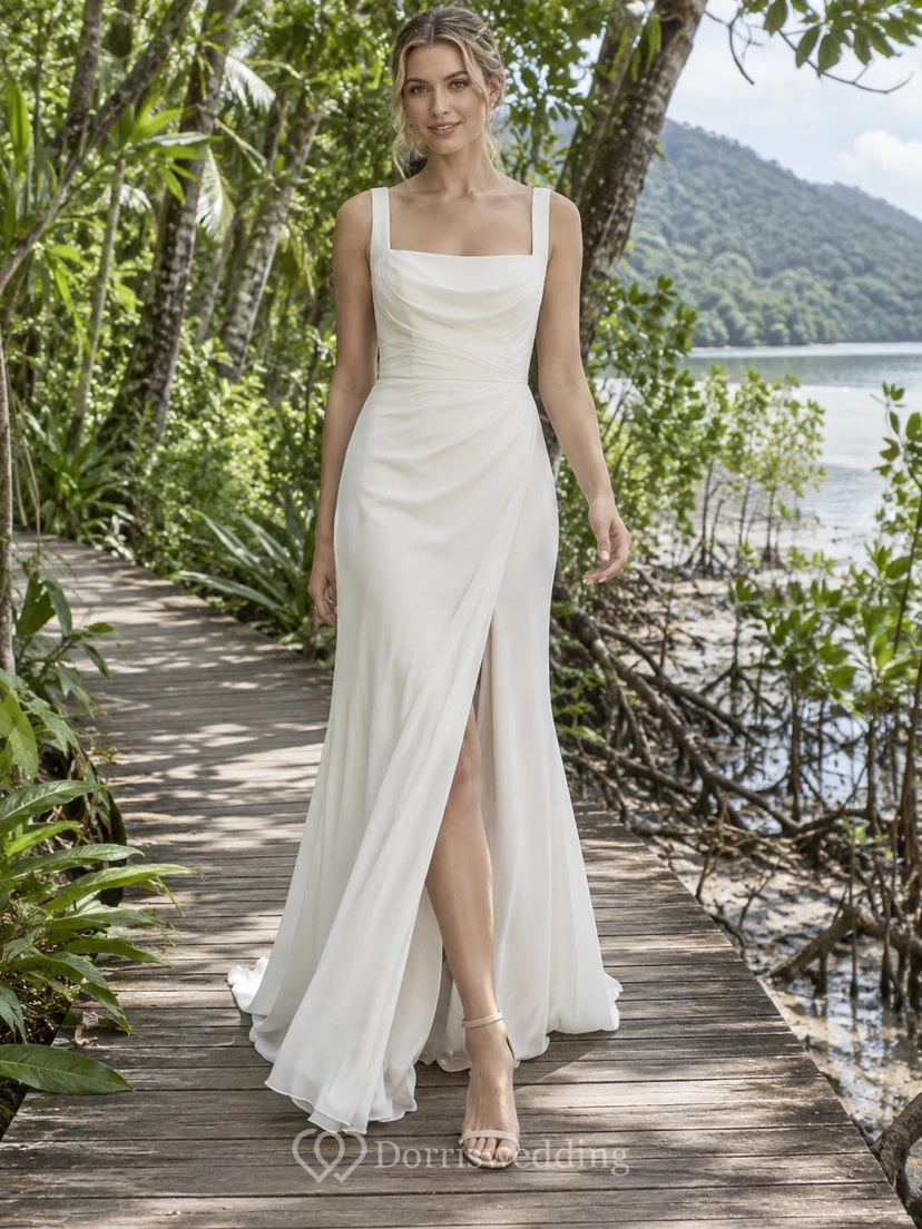 Schlichtes, ärmelloses, bodenlanges Brautkleid mit eckigem Ausschnitt und natürlicher Taille