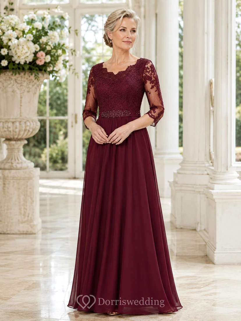 Burgundy Modest Scoop-Neck Lace Chiffon A-Line Floor-Length Mother of the Bride Gown with Three-Quarter Sleeves