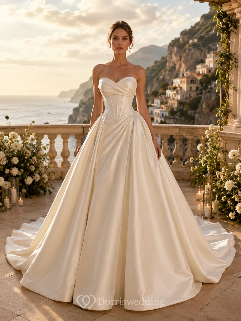 Robe de bal princesse bustier en satin à décolleté cœur et dos nu plongeant, idéale pour un mariage à destination
