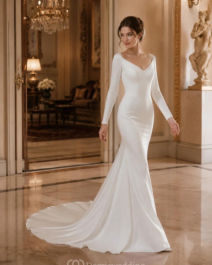 Simple Satin Long Sleeve Sheath Wedding Dress with Court Train and Keyhole Back view 2