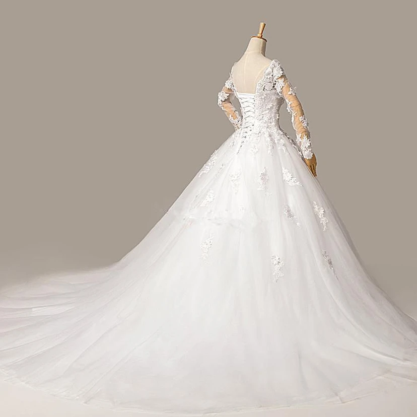 Gorgeous Long Sleeve Appliques Tulle Wedding Dresses Ball Gown Lace-up view 5
