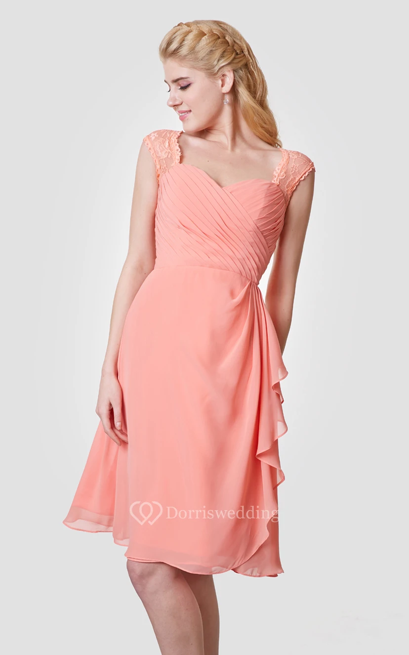 Lace Cap-sleeved Chiffon Knee Length Dress With Side Draping view 5