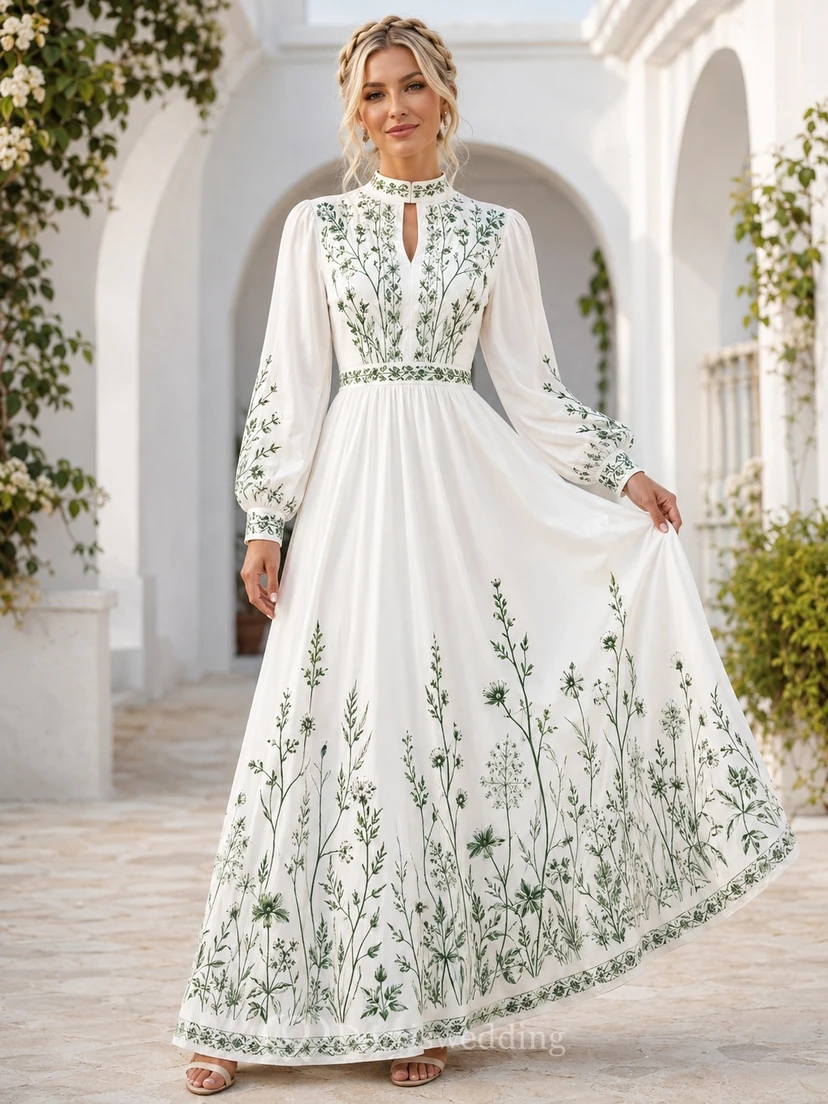 Robe d'invitée sobre, blanche et verte à fleurs, col montant, manches bouffantes longues, en satin, coupe trapèze, longueur au sol.