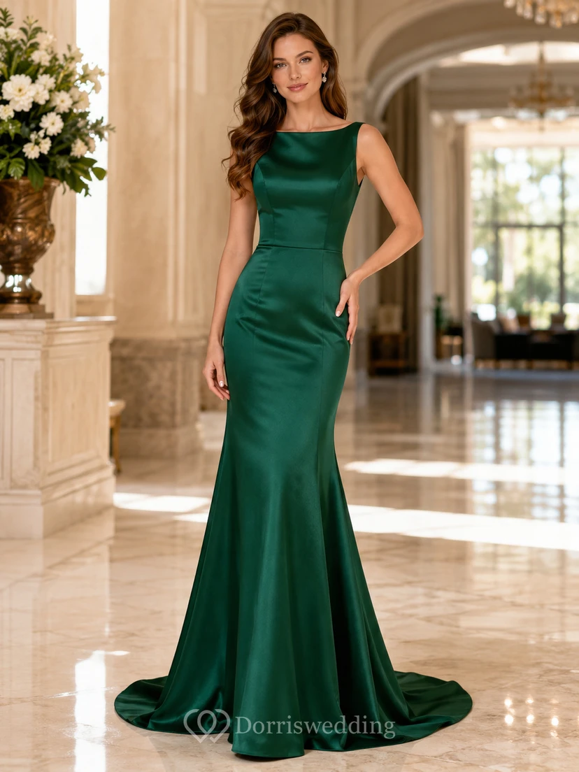 Dark Green Bateau Neck Satin Mermaid Evening Dress