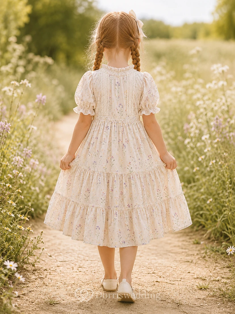 Robe de demoiselle d'honneur en coton imprimé ivoire, coupe trapèze, manches courtes et jupe arrivant au genou view 2